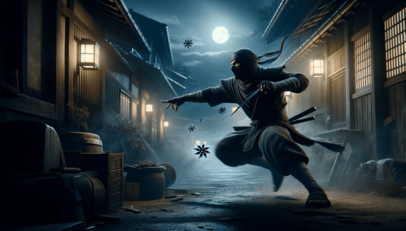 DALL·E 2023-12-17 14.25.46 - A realistic illustration of a ninja throwing shuriken in a dark village street at night. The ninja is in a dynamic action pose, emphasizing the motion