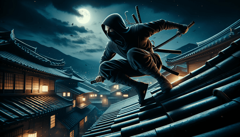 DALL·E 2023-12-17 14.26.02 - A realistic illustration of a ninja in a dynamic pose on the roof of an ancient Japanese village at night. The ninja is ready to leap, with a katana i