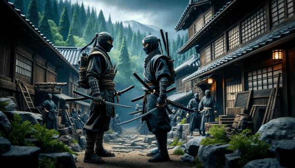 DALL·E 2023-12-17 14.26.34 - A realistic illustration of Iga and Koga ninjas facing each other in an old mountain village in Japan. The scene captures the tension and rivalry betw