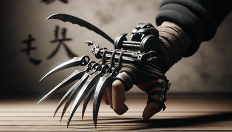 DALL·E 2023-12-17 18.52.19 - A realistic illustration of a Tekko-kagi, a Japanese weapon used by ninjas, resembling a bears paw with claws extending from the back of the hand. Th