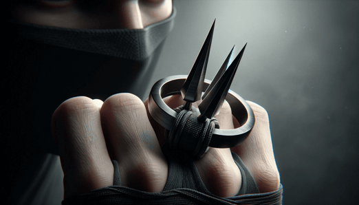 DALL·E 2023-12-17 18.52.28 - A realistic illustration of a Kakushi, a type of Japanese hidden weapon that is a ring with three spikes. The image should depict the Kakushi being wo