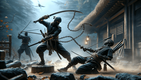 DALL·E 2023-12-17 18.52.52 - A realistic illustration of a ninja using a Kusarigama, a weapon with a weight attached to a chain, in combat. The scene shows the ninja entangling an