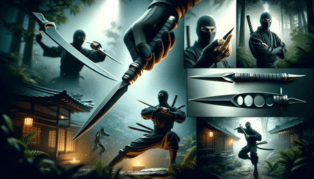 DALL·E 2023-12-17 18.52.56 - A realistic illustration of a kunai, a classic ninja tool, in various actions. The image showcases different scenarios of kunai usage, including a nin