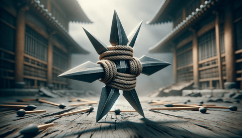 DALL·E 2023-12-17 18.53.03 - A realistic illustration of the Kasha-ken, a special ninja weapon, which is a cross-shaped shuriken with matchlock rope wrapped around its arms. The f