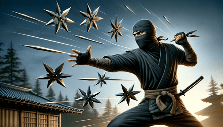 DALL·E 2023-12-17 21.57.01 - A realistic illustration of a ninja throwing Shuriken, traditional Japanese throwing stars. The image should capture the dynamic action of the ninja i