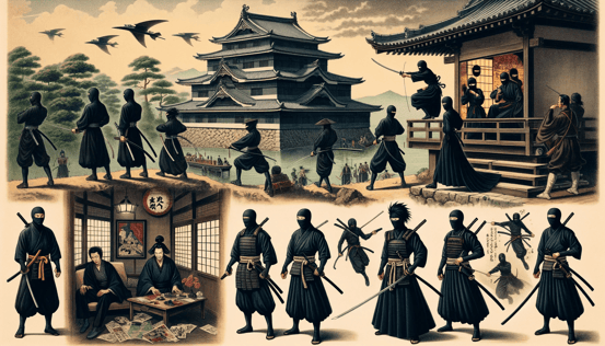 DALL·E 2023-12-17 22.08.56 - A historical illustration depicting ninjas during the 1590s, showing their roles in Edo under Tokugawa Ieyasu. The image should include scenes of ninj (1)