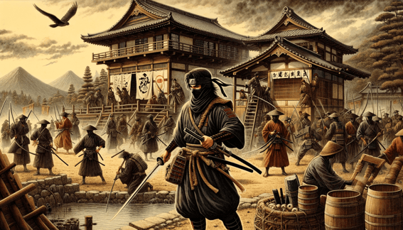 DALL·E 2023-12-17 22.12.50 - A historical illustration depicting the origins of ninjutsu, featuring Otomo no Hosohito as an early ninja figure. The image should convey a scene f (1)