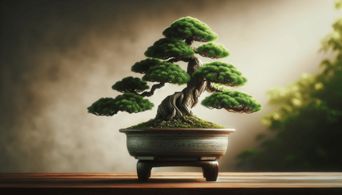DALL·E 2023-12-23 22.36.50 - A serene and detailed image of a bonsai tree. The scene should depict a small, meticulously pruned bonsai with lush green leaves, sitting in a traditi