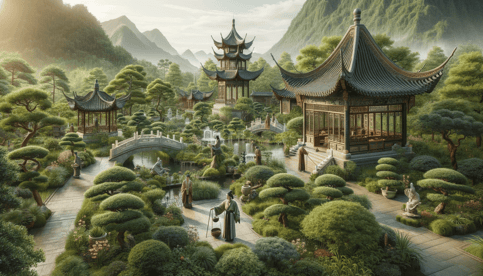DALL·E 2023-12-23 22.36.57 - A serene scene depicting ancient Chinese gardening techniques, featuring traditional Chinese gardens with intricate designs, pagodas, and lush greener
