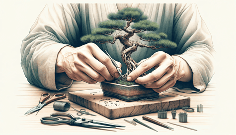 DALL·E 2023-12-23 23.58.22 - A detailed illustration of the intricate process of pruning and wiring bonsai trees. The scene shows a skilled bonsai artist meticulously shaping a tr
