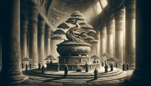 DALL·E 2023-12-23 23.59.04 - A historical and symbolic representation of bonsai as religious memorabilia. The image depicts an ancient temple setting, where bonsai trees are displ