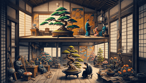 DALL·E 2023-12-23 23.59.09 - An image depicting the widespread acceptance of bonsai across various social classes in historical Japan, from the shogun to the common people. The fi