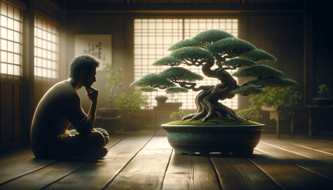 DALL·E 2023-12-23 23.59.14 - A thoughtful, contemplative image depicting bonsai as a source of introspection, symbolizing the miniature representation of natures beauty. The scen