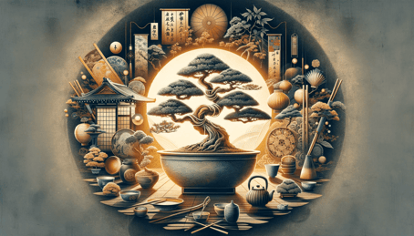 DALL·E 2023-12-23 23.59.21 - A symbolic image representing bonsai as an integral part of Japanese culture. The scene combines elements of traditional Japanese arts and lifestyle w
