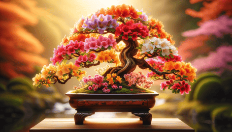 DALL·E 2023-12-23 23.59.28 - A stunning image of a flowering bonsai tree, featuring varieties like Satsuki Azalea and Japanese Cherry Blossoms. The focus is on the vibrant, colorf
