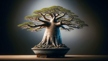 DALL·E 2023-12-23 23.59.32 - A unique depiction of a Baobab bonsai tree, highlighting its distinctive characteristics. The image showcases the Baobabs thick, bottle-shaped trunk,