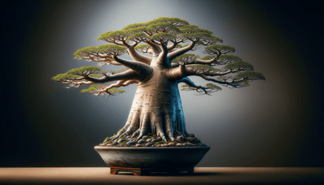 DALL·E 2023-12-23 23.59.32 - A unique depiction of a Baobab bonsai tree, highlighting its distinctive characteristics. The image showcases the Baobabs thick, bottle-shaped trunk,