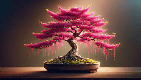 DALL·E 2023-12-23 23.59.35 - An exquisite depiction of a Judas Tree (Cercis) bonsai, known for its stunning pink blossoms in spring. The image captures the Judas Tree bonsai in fu