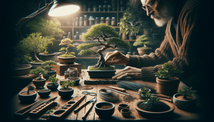 DALL·E 2023-12-23 23.59.40 - An insightful image showing the process of selecting the appropriate materials for bonsai creation. The scene depicts a bonsai artist carefully choosi
