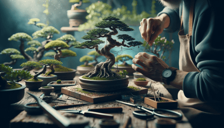 DALL·E 2023-12-23 23.59.44 - A detailed image showing the process of shaping bonsai using saplings or cuttings to meet aesthetic standards. The scene captures a bonsai artist atte