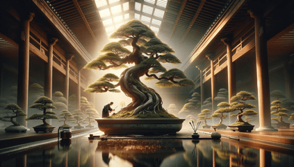 DALL·E 2023-12-23 23.59.52 - A visually compelling image illustrating the goal of bonsai to mimic the appearance of large trees in nature, infusing them with a sense of life and b