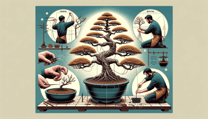 DALL·E 2023-12-23 23.59.56 - An informative image illustrating key techniques in bonsai cultivation_ pruning, wiring, and repotting. The scene is divided into three parts. The fir
