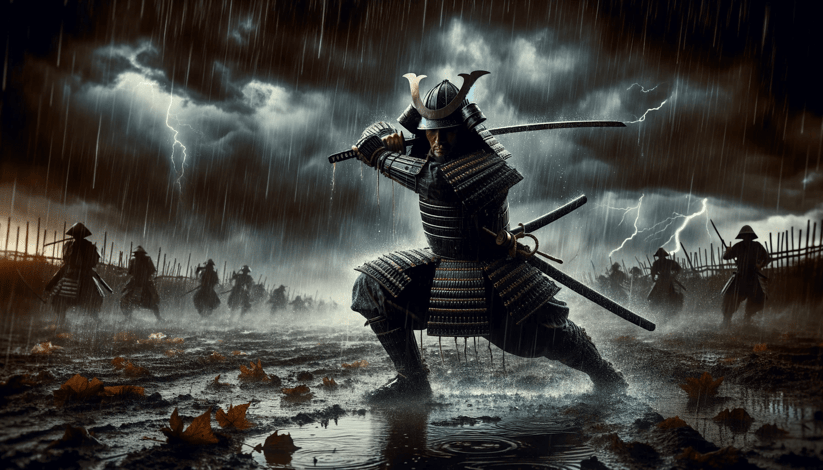 DALL·E 2023-12-24 23.46.10 - A dramatic image of a samurai in a battle stance amidst a rain-soaked battlefield. Dark storm clouds loom overhead, and the samurai, in full armor, ho
