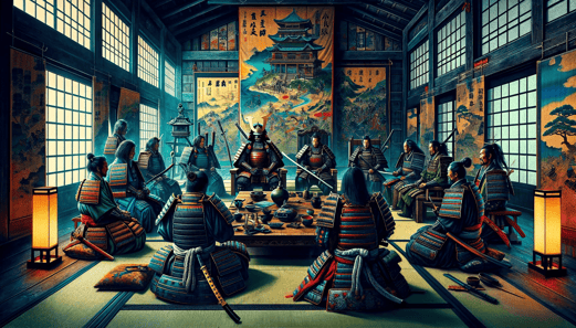 DALL·E 2023-12-24 23.46.17 - A vibrant and powerful depiction of a samurai council during the transition from medieval to early modern Japan. This image portrays the samurai as bo