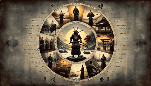 DALL·E 2023-12-24 23.46.29 - An evocative and artistic representation of the principles of Bushido, the samurai code of conduct. The image should visually interpret the key elemen