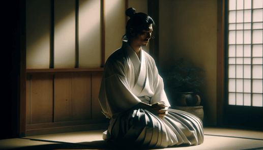 DALL·E 2023-12-24 23.46.48 - A poignant image of a samurai seated in a state of quiet reflection, wearing a pure white hakama that symbolizes purity and a deep sense of introspect
