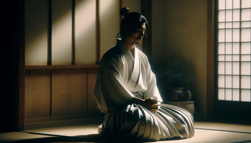 DALL·E 2023-12-24 23.46.48 - A poignant image of a samurai seated in a state of quiet reflection, wearing a pure white hakama that symbolizes purity and a deep sense of introspect