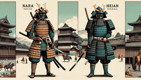 DALL·E 2023-12-24 23.46.59 - A detailed illustration contrasting samurai from the Nara and Heian periods. The image features two distinct figures, each representing the respective
