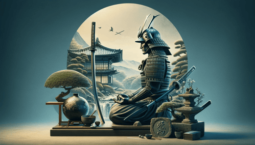 DALL·E 2023-12-24 23.47.13 - A symbolic image showing a Kamakura period samurai meditating beside a beautifully crafted sword. The setting is tranquil and reflects the influence o
