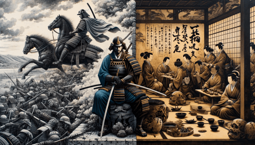DALL·E 2023-12-24 23.47.28 - A contrasting depiction of samurai culture during the Muromachi period, illustrating both the artistic flourishing and the political unrest of the era