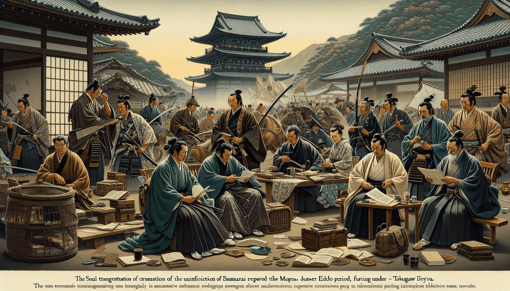 DALL·E 2023-12-24 23.47.39 - An image capturing the transition of samurai roles during the Edo period, following the unification under Tokugawa Ieyasu. The scene should depict sam
