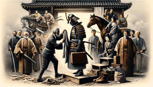DALL·E 2023-12-24 23.47.47 - A poignant image showing the end of the samurai era during the Meiji Restoration. The samurai are depicted embracing new roles in the evolving society
