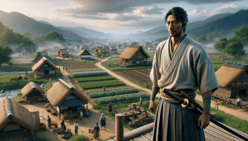 DALL·E 2023-12-25 11.29.27 - A Jizamurai, a local samurai and small landowner, in a highly detailed and realistic setting. He is standing in a rural village, overseeing the agricu