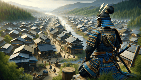 DALL·E 2023-12-25 11.30.02 - A Shugo Daimyo, the ruler of a Japanese province, overlooking a bustling medieval village from a hill. He is in full samurai regalia, with a striking 