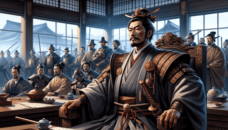 DALL·E 2023-12-25 11.31.07 - A commanding and authoritative image of a Daimyo, a regional lord in feudal Japan. The Daimyo is depicted in a setting that reflects his power and sta