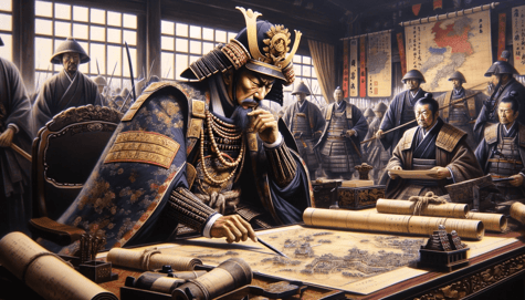 DALL·E 2023-12-25 11.31.20 - An image of a Shogun deeply engaged in strategizing during a battle. The Shogun, the ultimate leader of the military government, is depicted in a comm
