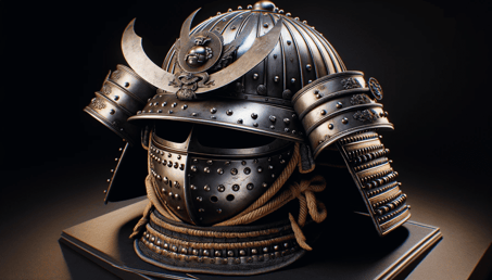 DALL·E 2023-12-25 11.31.40 - A realistic image of a Kabuto, a traditional Japanese helmet made of riveted metal plates, often adorned with a family crest or decorative crests fo