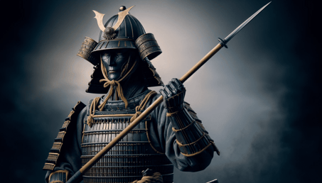 DALL·E 2023-12-25 11.32.03 - A realistic depiction of a samurai from the Sengoku period wielding a yari (Japanese spear) with characteristic features. The image shows the samurai 