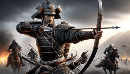 DALL·E 2023-12-25 11.32.20 - A dynamic and realistic image of a samurai in battle, releasing an arrow from a traditional Japanese longbow (yumi). The samurai is portrayed in full 