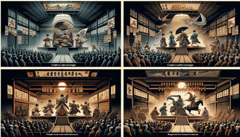 DALL·E 2023-12-27 08.39.47 - Create four additional images depicting the evolution of Sewamono in Kabuki theater during the Meiji era, focusing on the emergence of Sankirimono