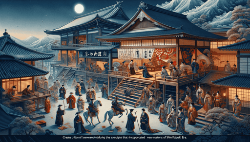 DALL·E 2023-12-27 08.40.11 - Create an image depicting the evolution of Sewamono in Kabuki theater during the Meiji era, with the emergence of Sankirimono that incorporated ne