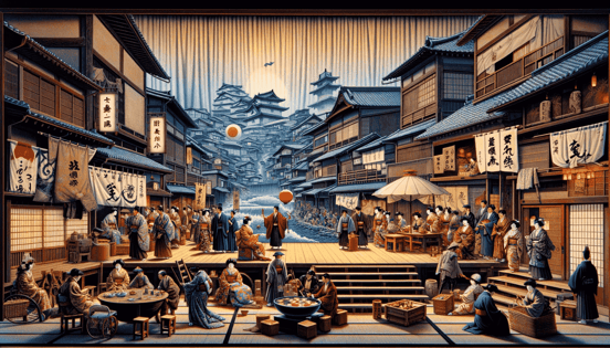 DALL·E 2023-12-27 08.40.31 - A realistic scene depicting Sewamono in Kabuki theater, which portrays the life and customs of the townspeople in the Edo period, akin to modern dr