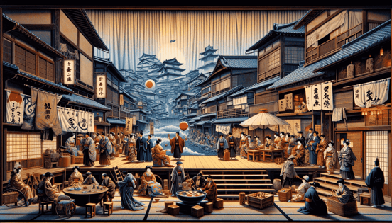 DALL·E 2023-12-27 08.40.31 - A realistic scene depicting Sewamono in Kabuki theater, which portrays the life and customs of the townspeople in the Edo period, akin to modern dr