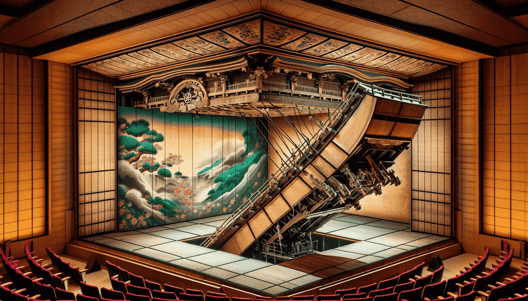 DALL·E 2023-12-27 08.41.02 - Create an image that demonstrates the Gandou-gaeshi stage mechanism in a Kabuki theater, where a large, front section of the stage floor is hinged to 