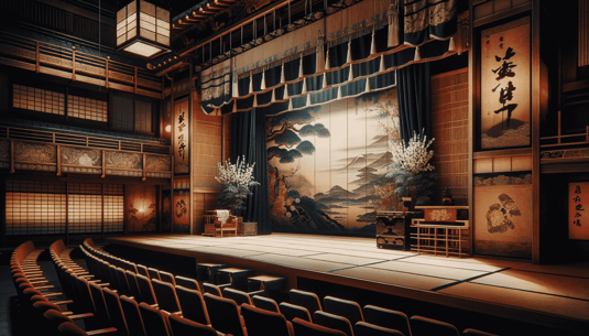 DALL·E 2023-12-27 08.41.11 - A scene from a Kabuki theater stage with a focus on the extreme left side (shimote). There should be a black sudare (bamboo or reed blind) clearly vis