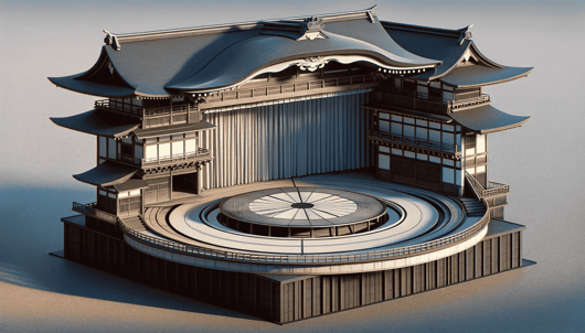 DALL·E 2023-12-27 08.41.26 - A realistic depiction of a Kabuki theater stage featuring a Mawaributai (revolving stage), similar to a turntable in a parking lot. The image should s